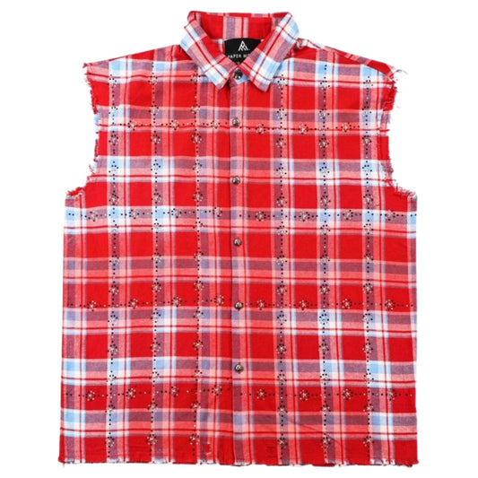 Smanicato Paper Money Rhinestone Sleeveless Flanne ROSSO